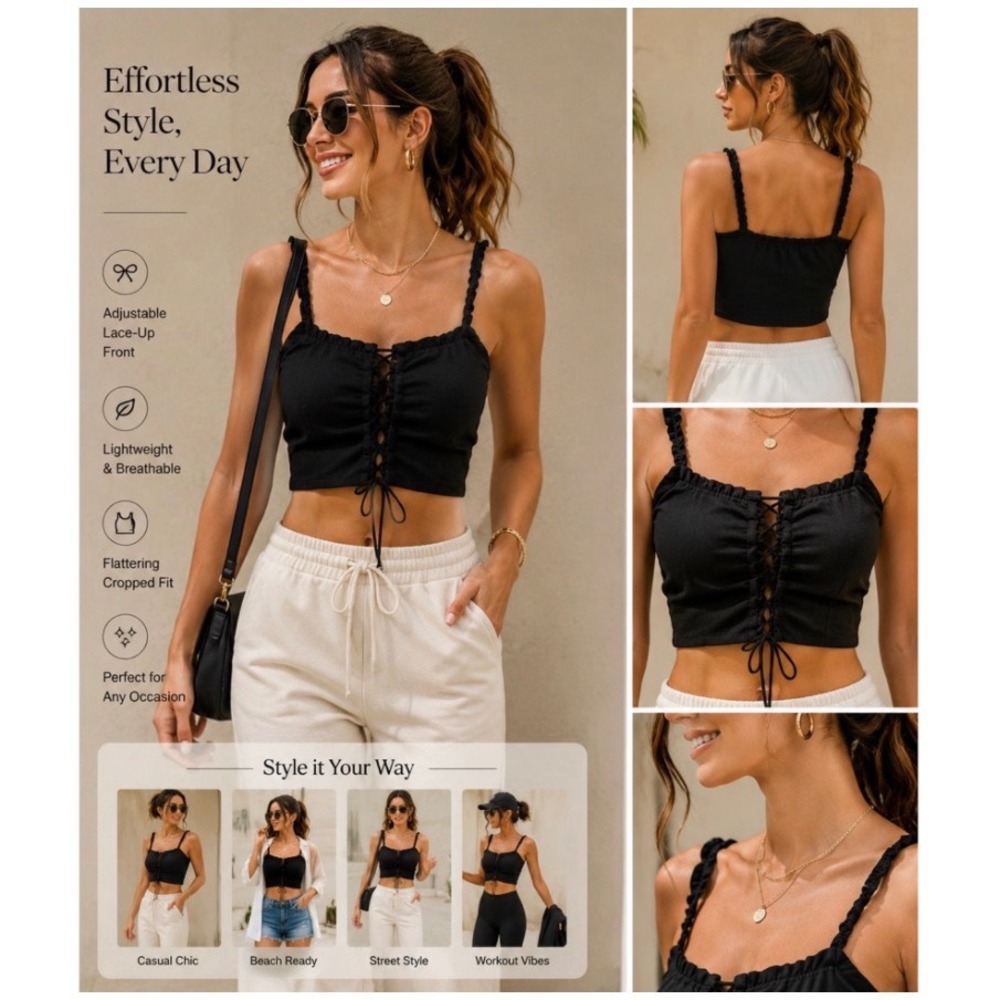 SEEK THE LABEL Black Lace Up Front Linen Blend Crop Top Cami Small